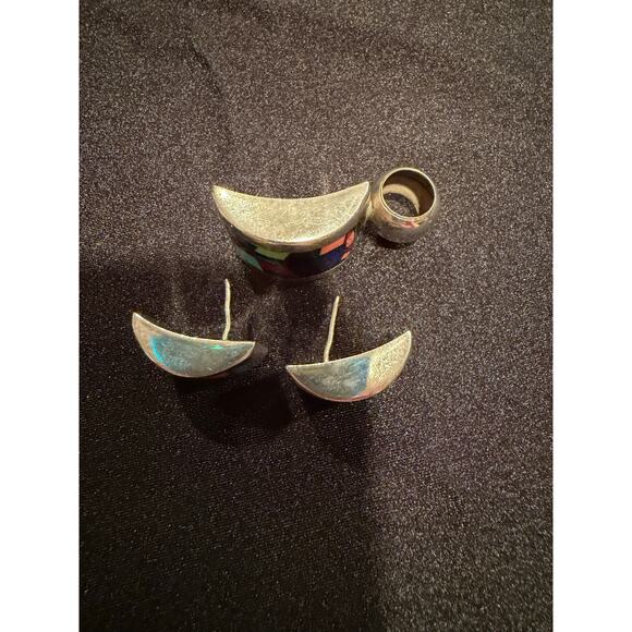 Mexican Sterling Silver 925 ATI Multi-Stone Inlay Mosaic Toggle Bracelet - Picture 14 of 15